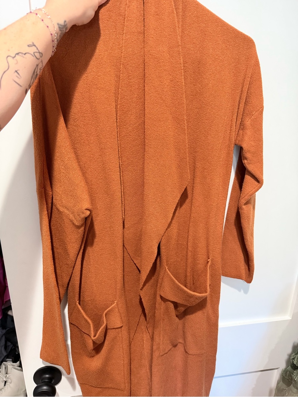 Rust Open-Front Long Cardigan with Pockets